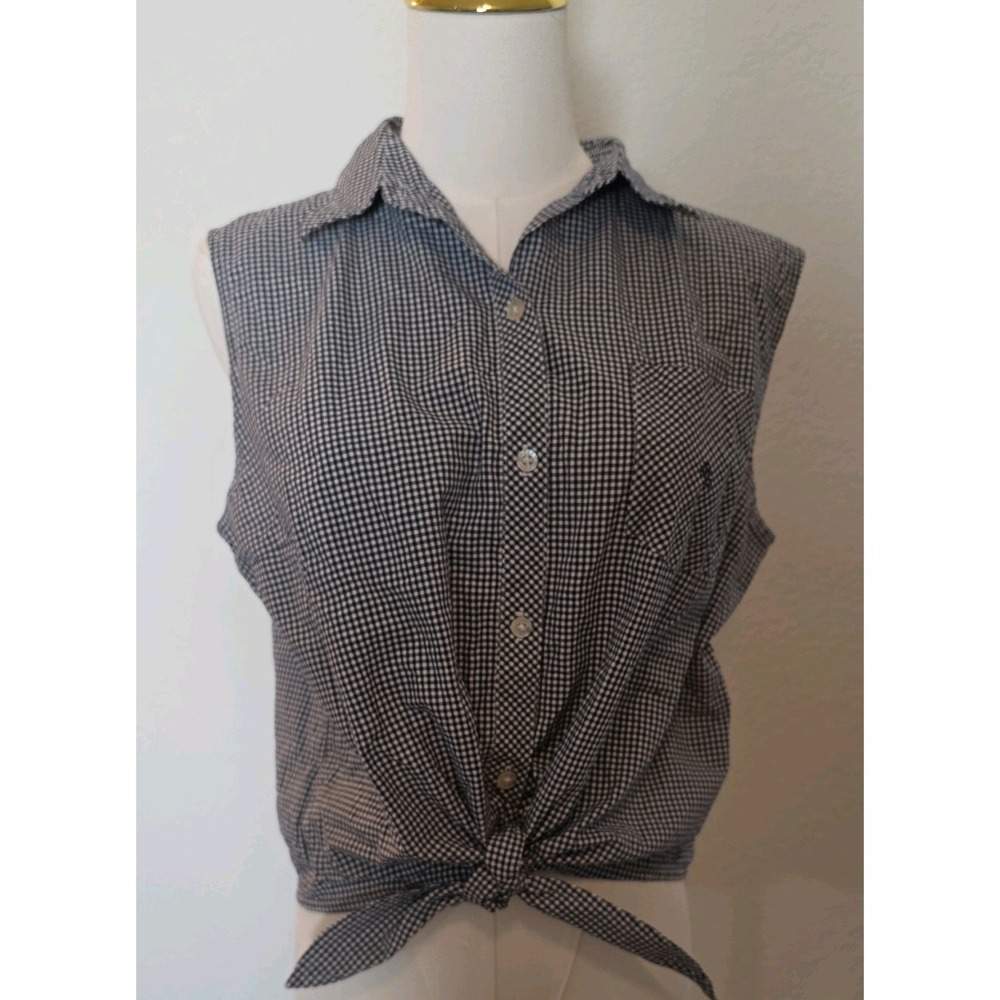 Lauren Ralph Lauren Blue Plaid 100% Cotton Sleeveless Tie Front Blouse Size 14